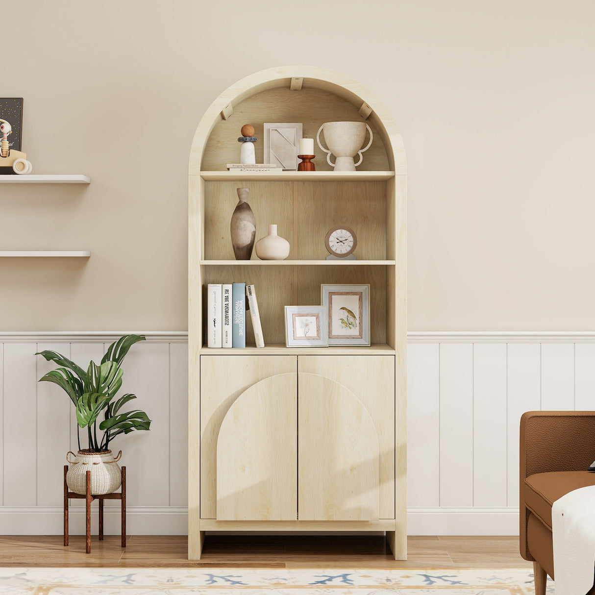 Arched Kitchen Pantry, Modern Farmhouse Wood Kitchen Storage Cabinets, Arched Storage Display Cabinet With Adjustable Shelves, Versatile Cupboard For Kitchen, Dining Room - Natural