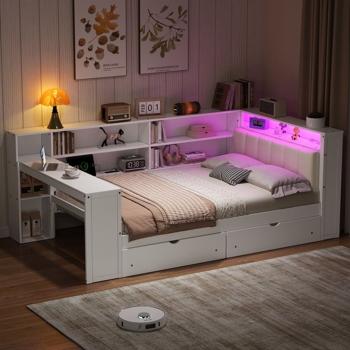 Platform Bed With Upholstered Headboard, Storage Shelves, Drawers, Charging Station, LED Lighting, Built In Desk