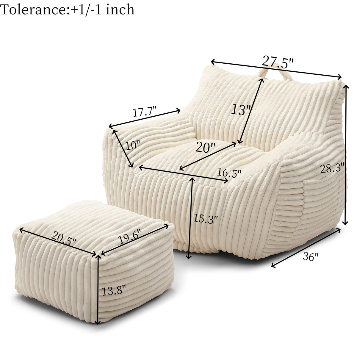 Giant Plush Bean Bag Chair For Adults With Armrests And Footstool - Beige