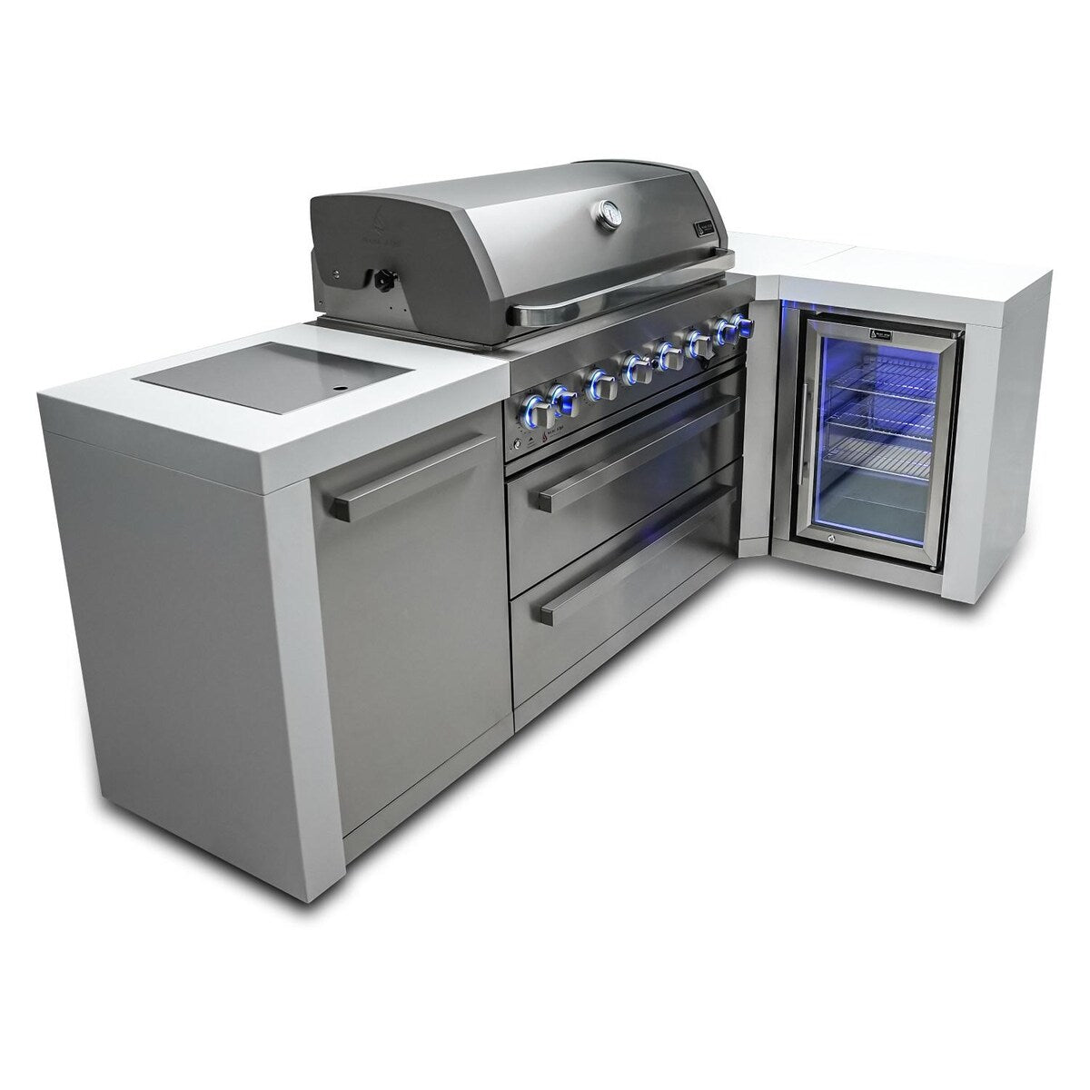Mont Alpi Deluxe Series 8 Ft L-Shaped Propane Outdoor Kitchen Island w/ Side Burner & Fridge - MAi805-D90FC
