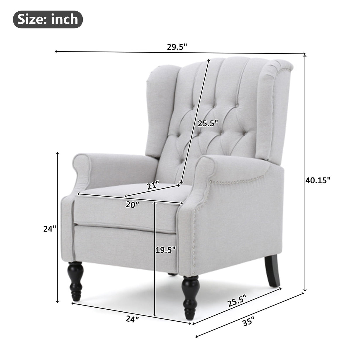 Tufted Arm Chair Recliner With Wingback Style, Pushback Mechanism - Light Gray