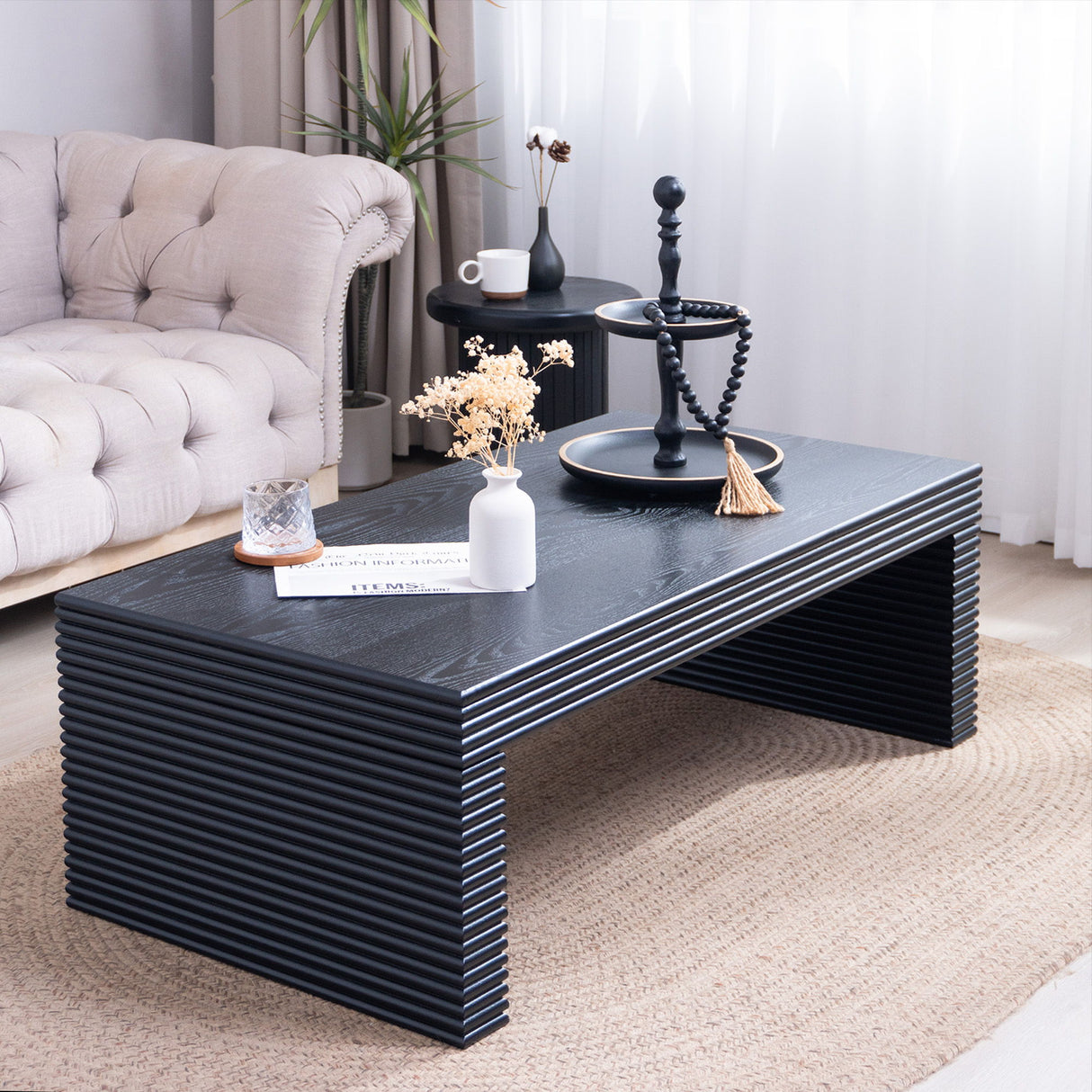 Modern Ribbed Coffee Table, Rectangular Low Profile Center Table For Living Room - Black
