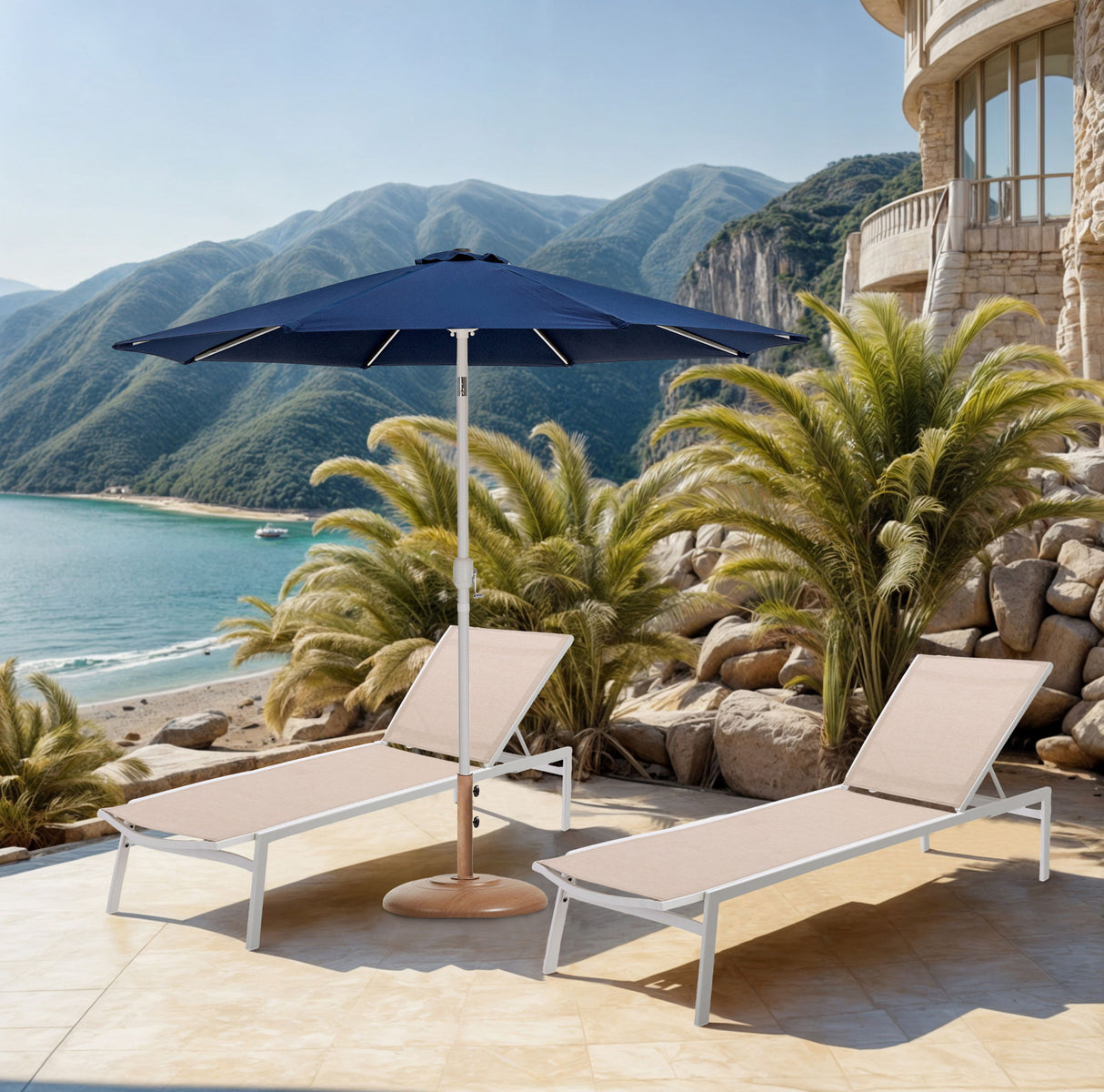Fiji - Aluminum Patio Umbrella With Round Teak And White Base