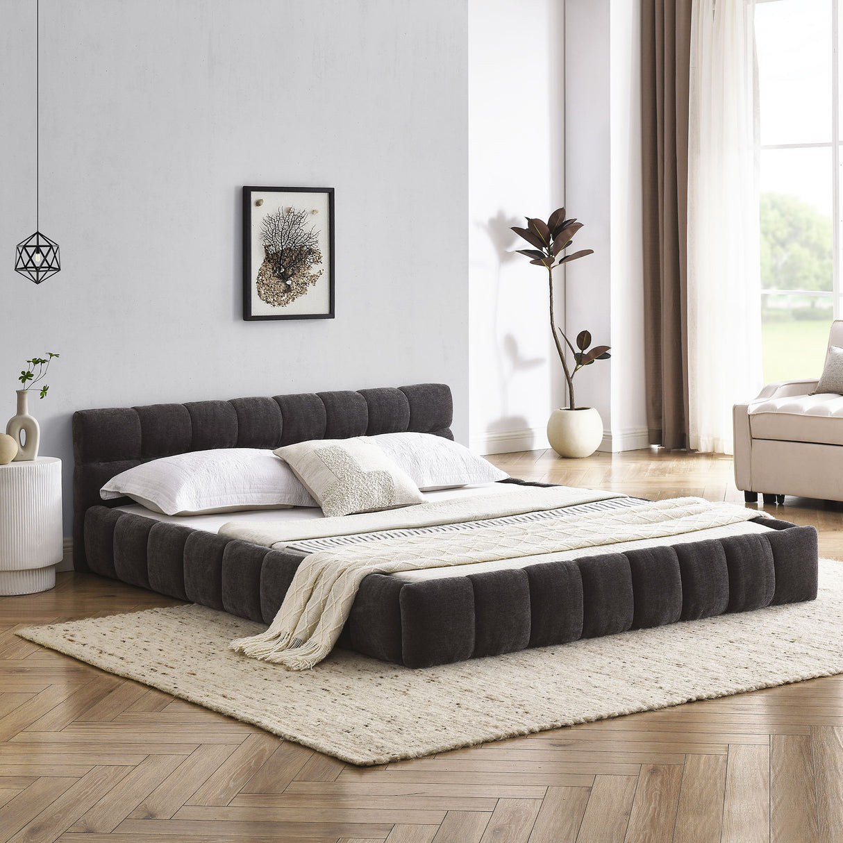 Modern Platform Bed Frame With Thick Chenille Fabric