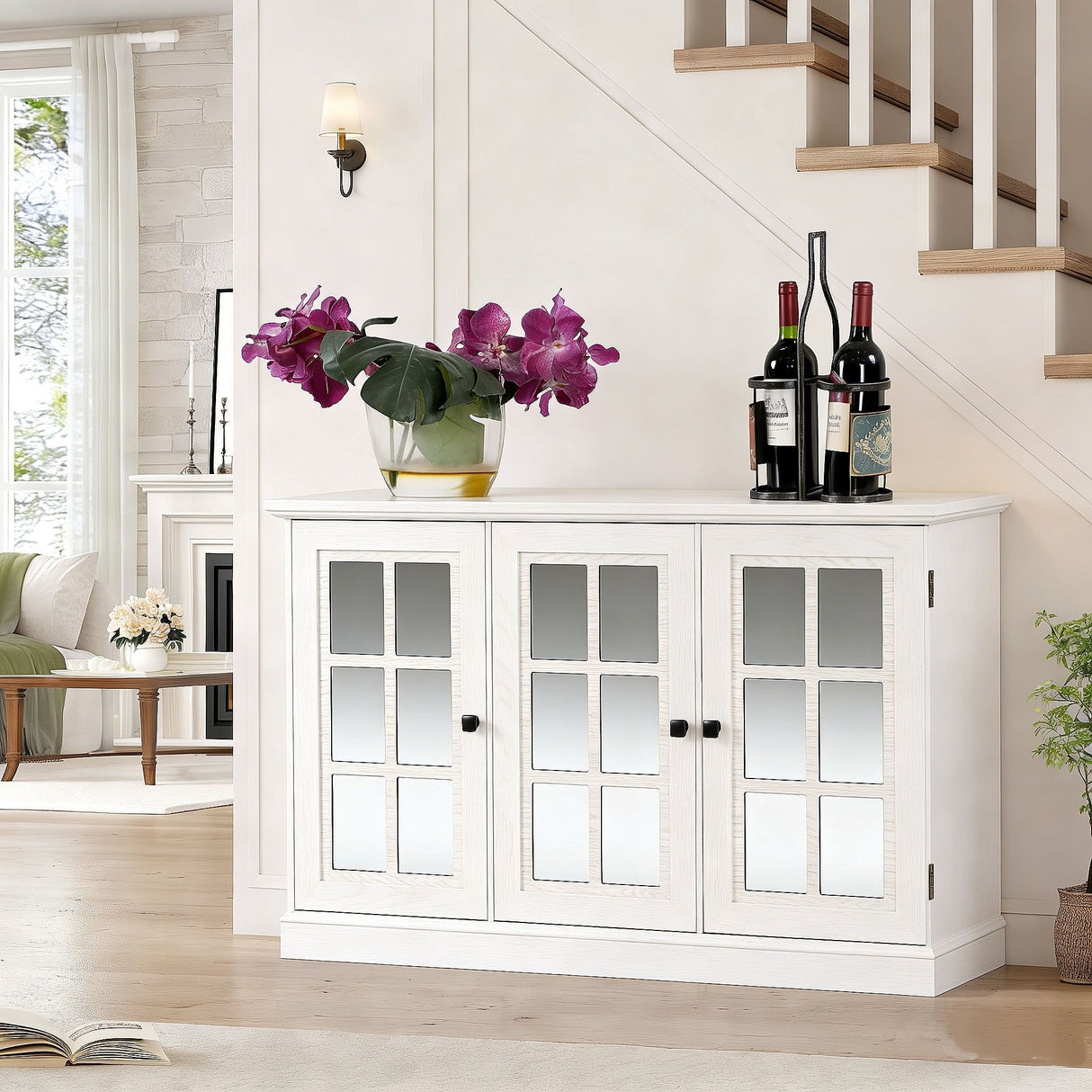 Storage Cabinet With 3 Mirrored Acrylic Doors, Adjustable Shelves