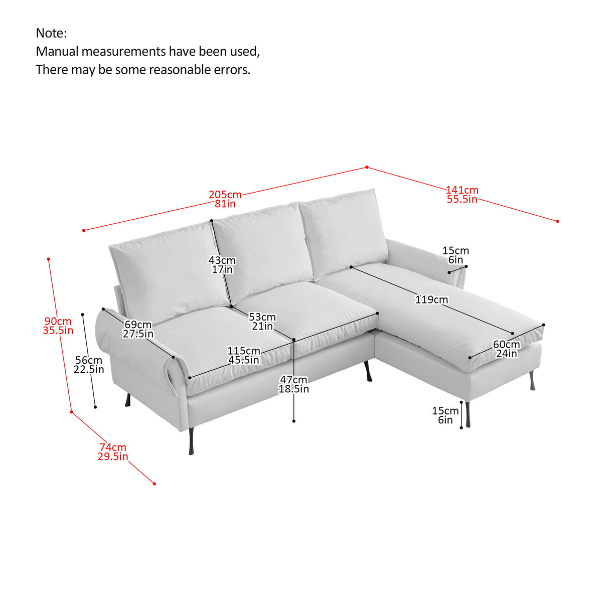 Modern Sectional Technical Leather L-Shaped Sofa Couch With Reversible Chaise Lounge