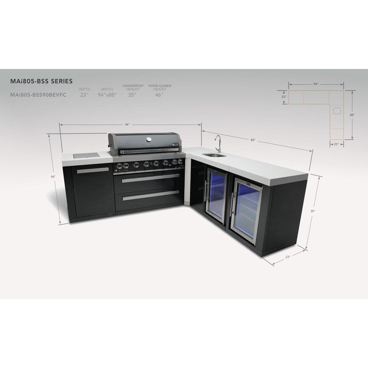 Mont Alpi Black Series 8 Ft L-Shaped Propane Outdoor Kitchen Island w/ Side Burner, Fridge, & Beverage Center- MAi805-BSS90BEVFC