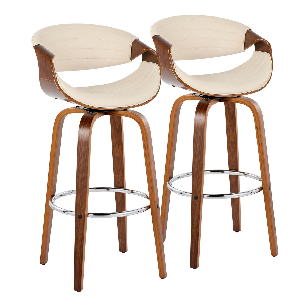 Curvo - 30" Fixed-Height Barstool With Swivel And Round Chrome Metal Footrest (Set of 2) - Walnut Wood