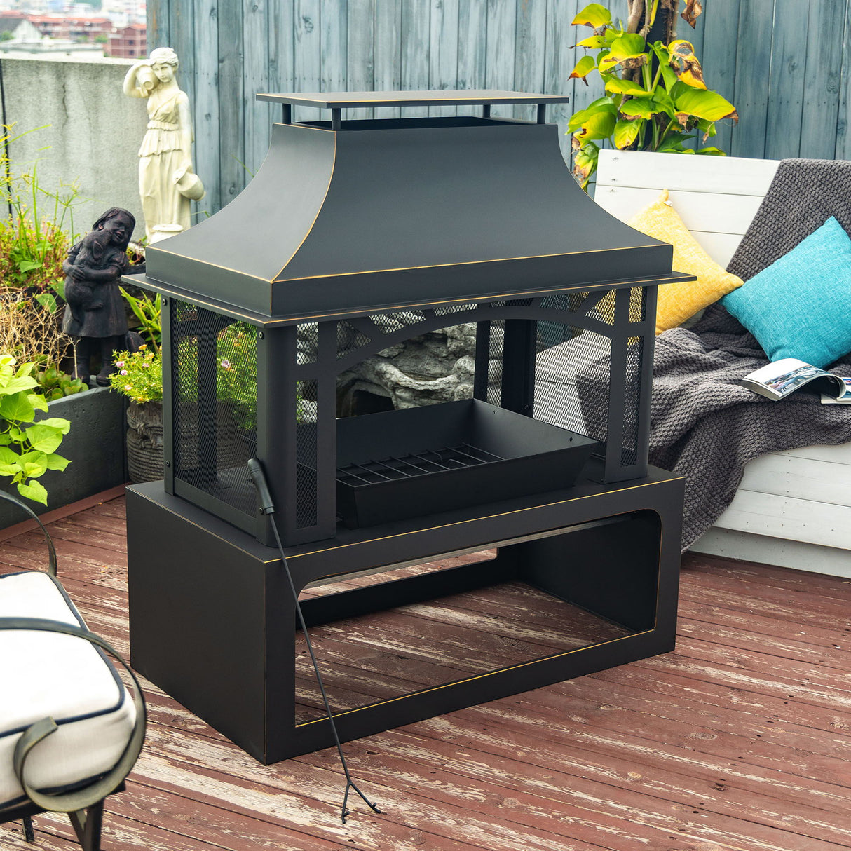 40" Wood Burning Fireplace, 50000 Btu Steel Fire Pit, Wood Burning Chimney For Outside Patio Deck Garden Backyard - Black