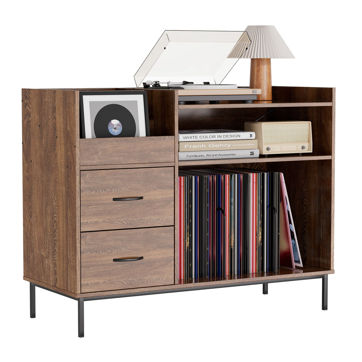Grain Record Player Stand, Media Console With Speaker Shelf & 2 Drawers