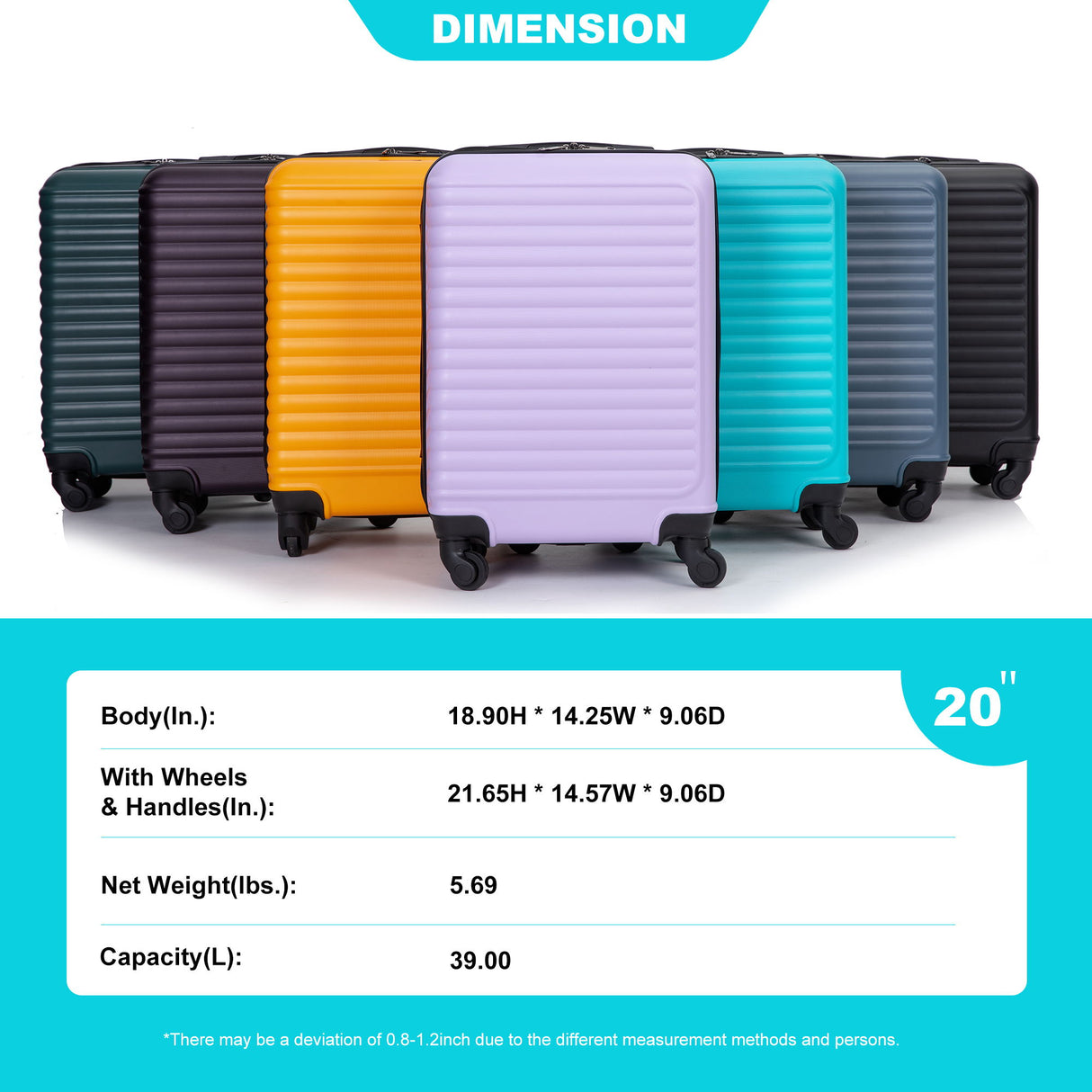 20" Carry On Luggage Lightweight Suitcase, Spinner Wheels