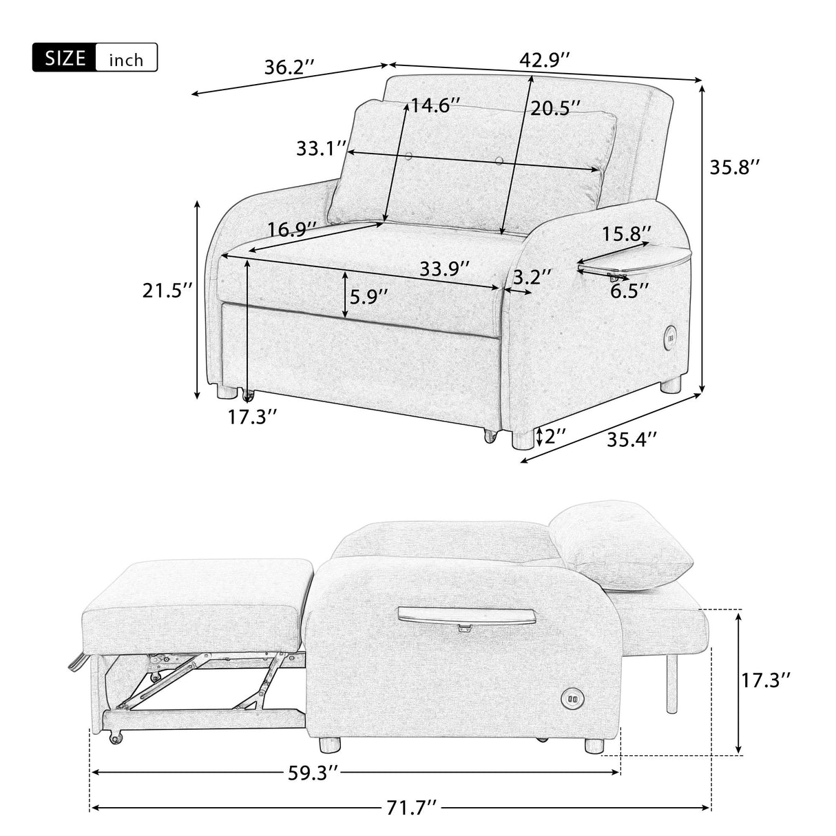 Versatile Pull Out Sofa Sleeper 3 In 1 With Wing Table & USB Charge, Compact Design