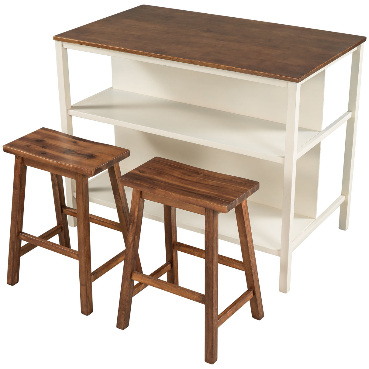 Rustic 3 Piece Stationary Kitchen Island Set With 2 Seatings, With 2 Open Shelves