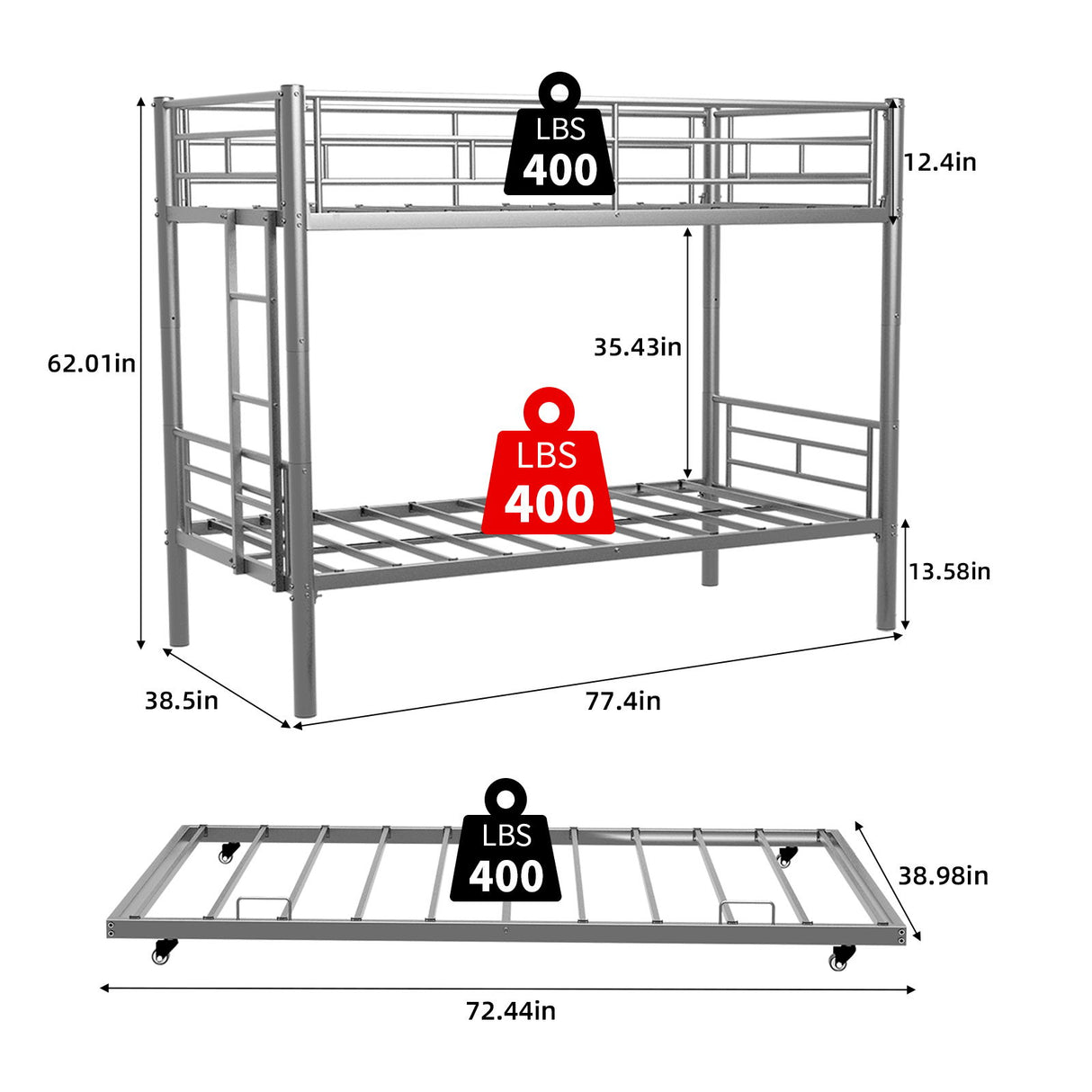 Bunk Bed For Kids, Convertible Frame With Ladders & Guardrail