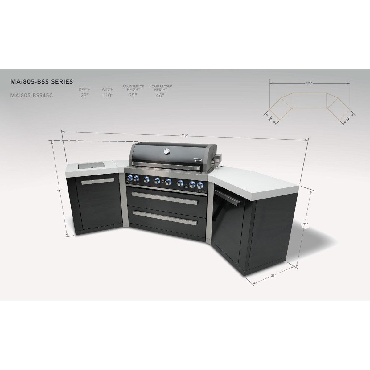 Mont Alpi Black Series 10 Ft U-Shaped Propane Outdoor Kitchen Island w/ Side Burner - MAi805-BSS45