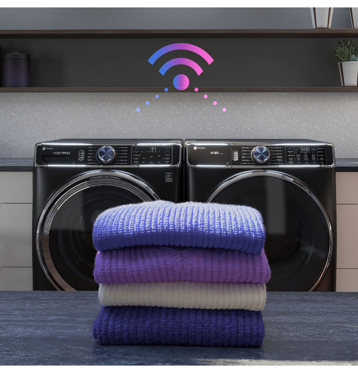 GE Profile PFD87GSSVWW gas dryer — laundry room view