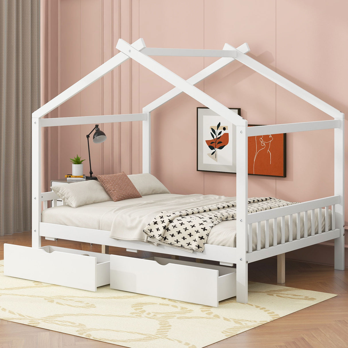 House Style Platform Bed With Headboard, Footboard, 2 Drawers, And Roof Design