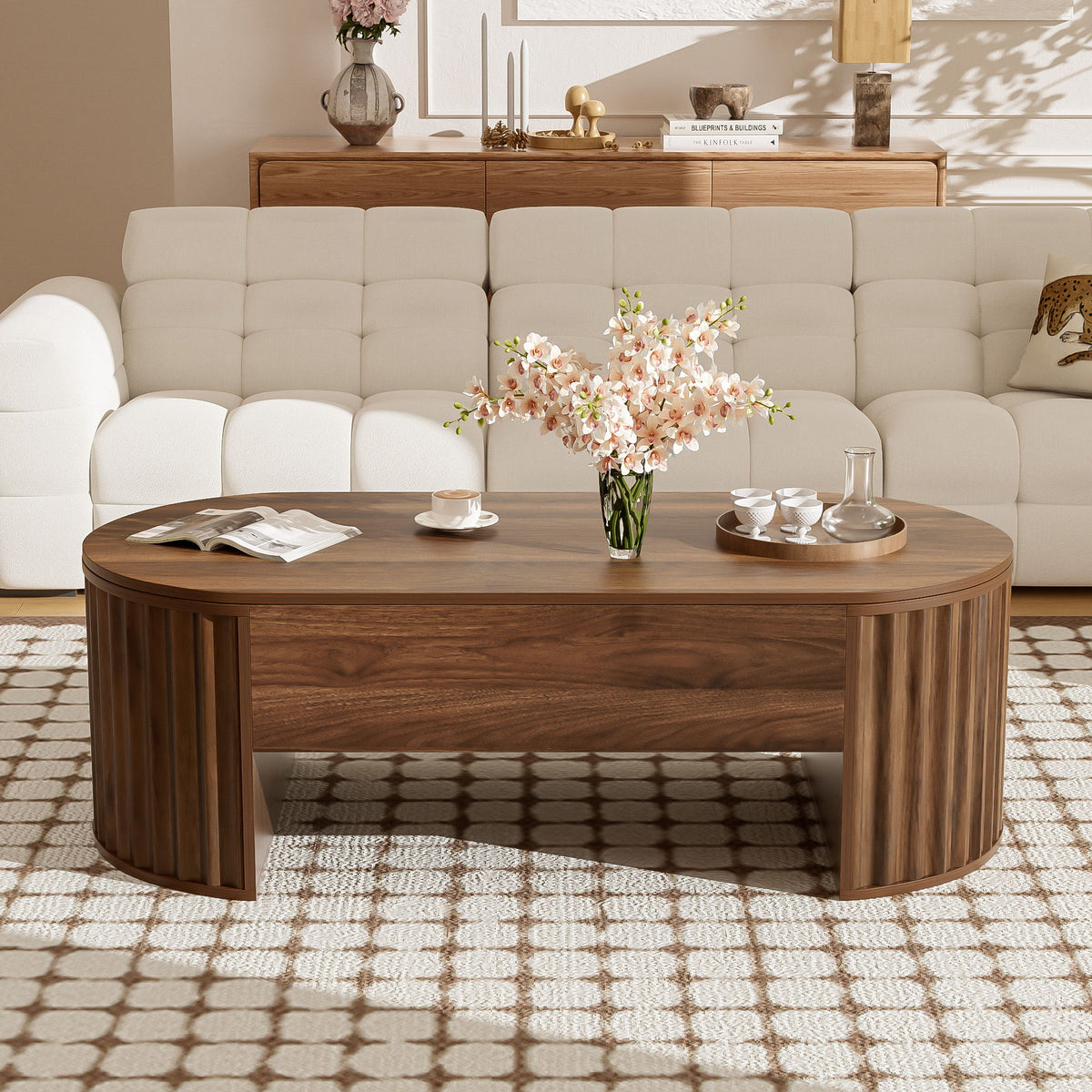 Lift Top Coffee Table With Hidden Compartment, Modern Oval Lift Tabletop For Home Living Room