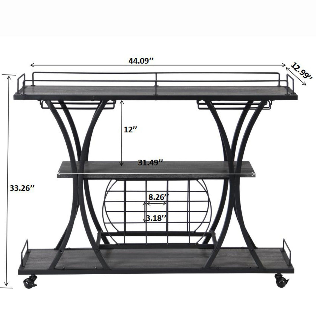 Industrial Bar Cart Kitchen Bar & Serving Cart For Home With Wheels 3 Tier Storage Shelves - Black / Gray