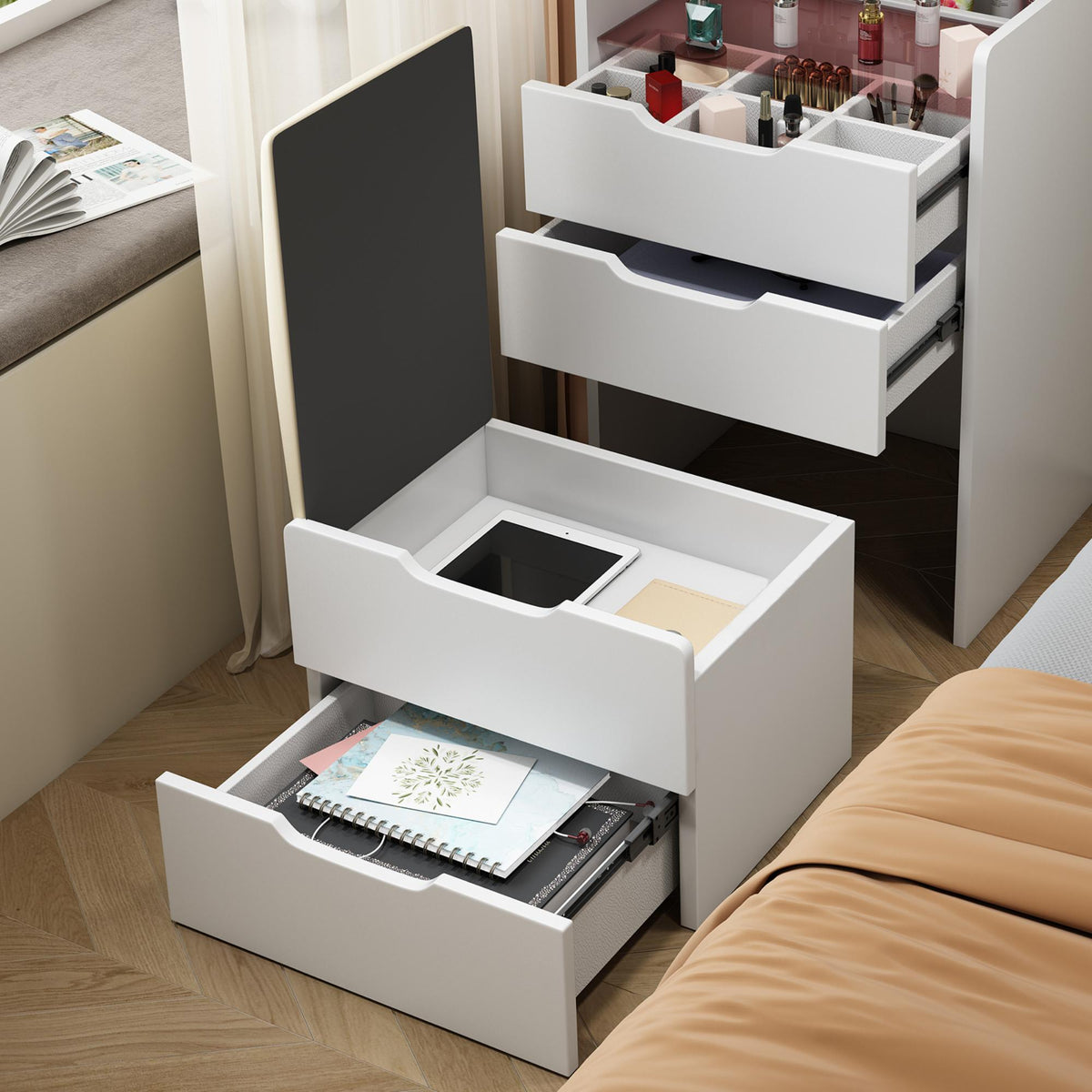 3 In 1 Vanity Desk With Flip Top Mirror, Compact Makeup Table With Glass Top And 3 Drawers For Bedroom - White
