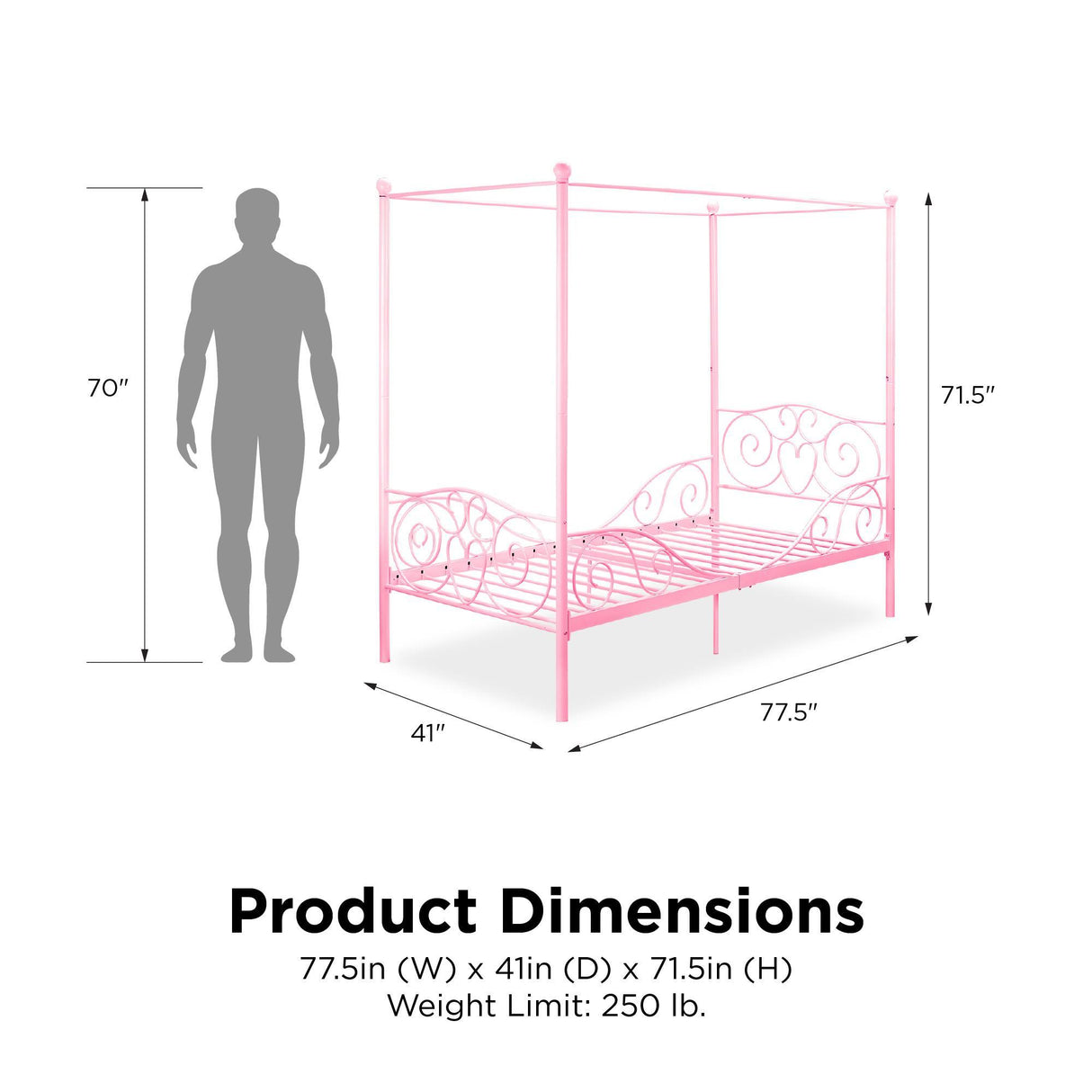 Twin Canopy Bed With Heart Scroll Design And Finial Posts - Pink
