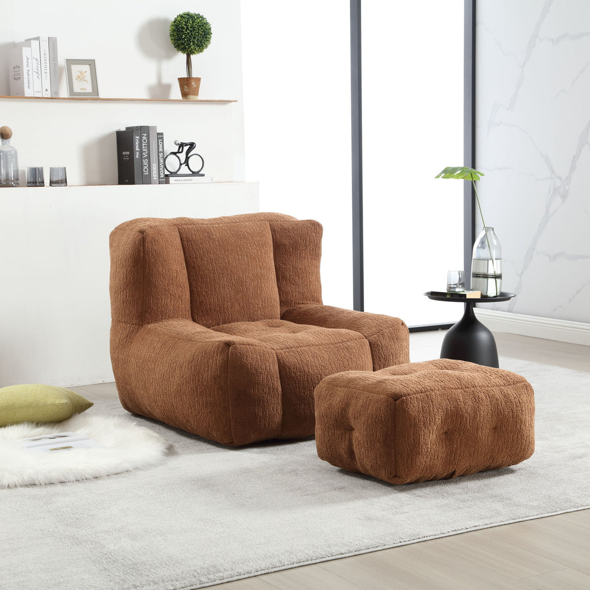 Modern Indoor Fluffy Bean Bag Chair With Memory Foam And Ottoman, Super Soft