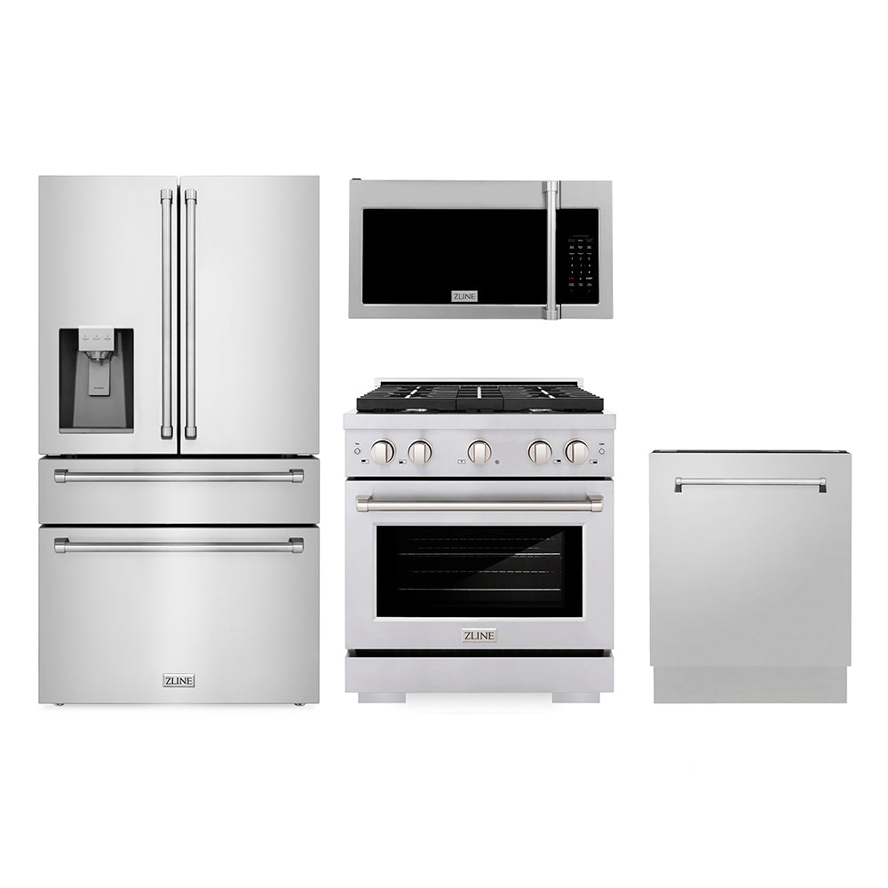 Kitchen Package with Water and Ice Dispenser Refrigerator, 30 in. Gas Range, 30 in. Over the Range Microwave and 24 in. Tall Tub Dishwasher - (4KPRWSGROTRH30DWV) -