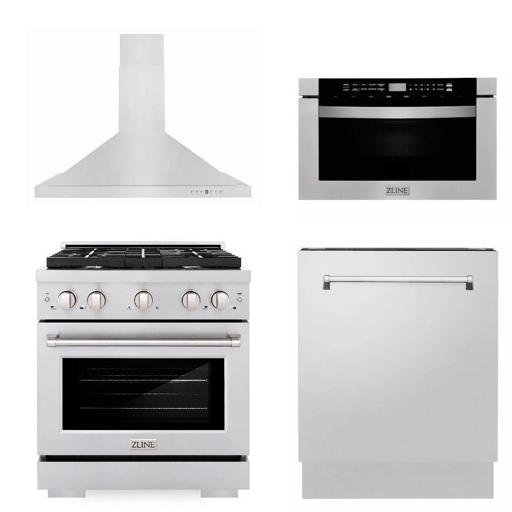 30 in. Kitchen Package with Stainless Steel Gas Range, Range Hood, Microwave Drawer and Tall Tub Dishwasher - (4KPSGRRH30MWDWV) -