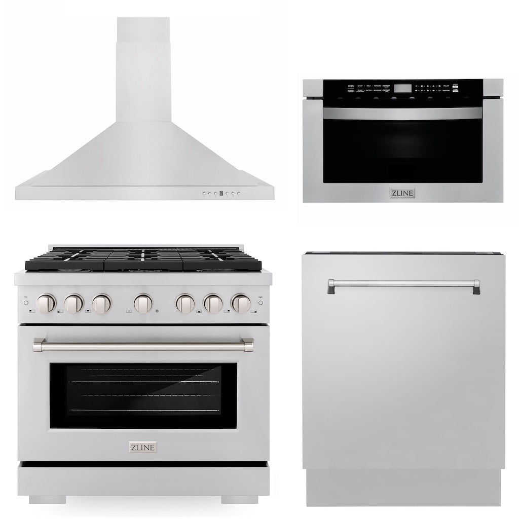 36 in. Kitchen Package with Stainless Steel Gas Range, Range Hood, Microwave Drawer and Tall Tub Dishwasher - (4KPSGRRH36MWDWV) -