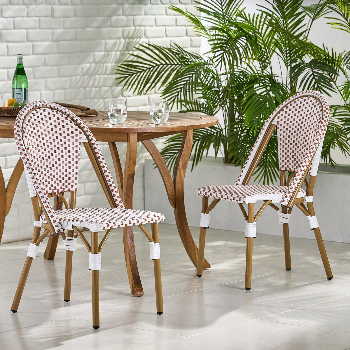 Outdoor Rattan And Aluminum French Bistro Chairs (Set of 2) Bamboo Print - Rust Red / White