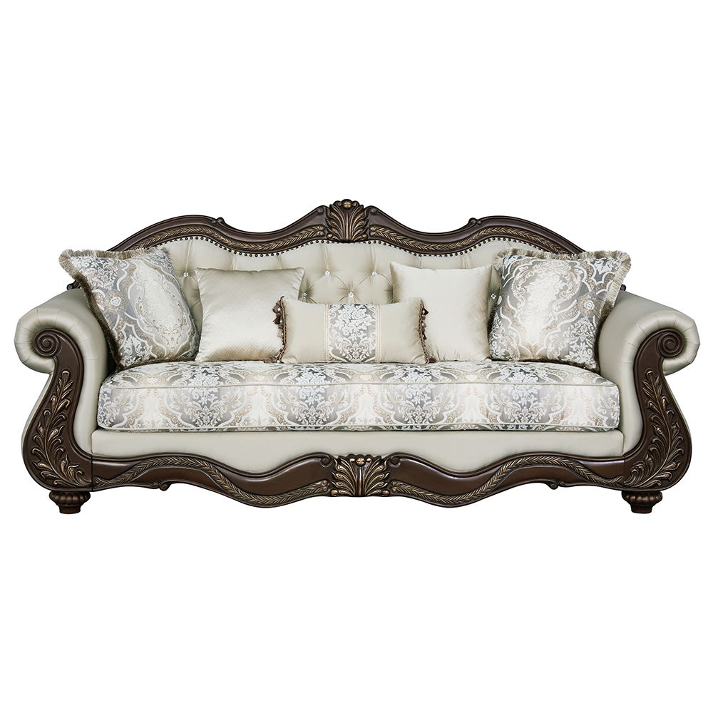 Pierce - Sofa With 5 Pillows - Beige Fabric & Cherry