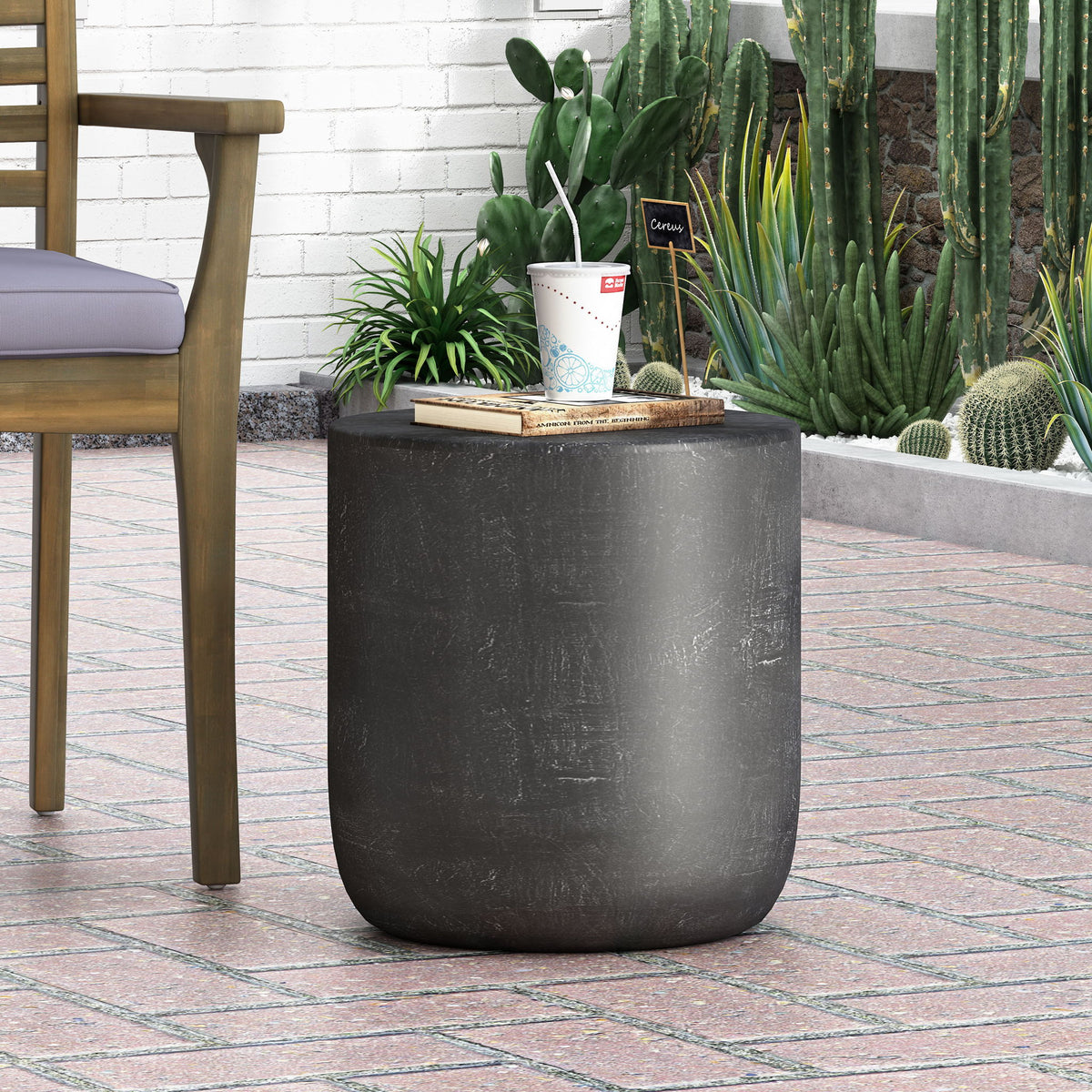 Outdoor Lightweight Concrete End Table With Natural Texture - Matte Black