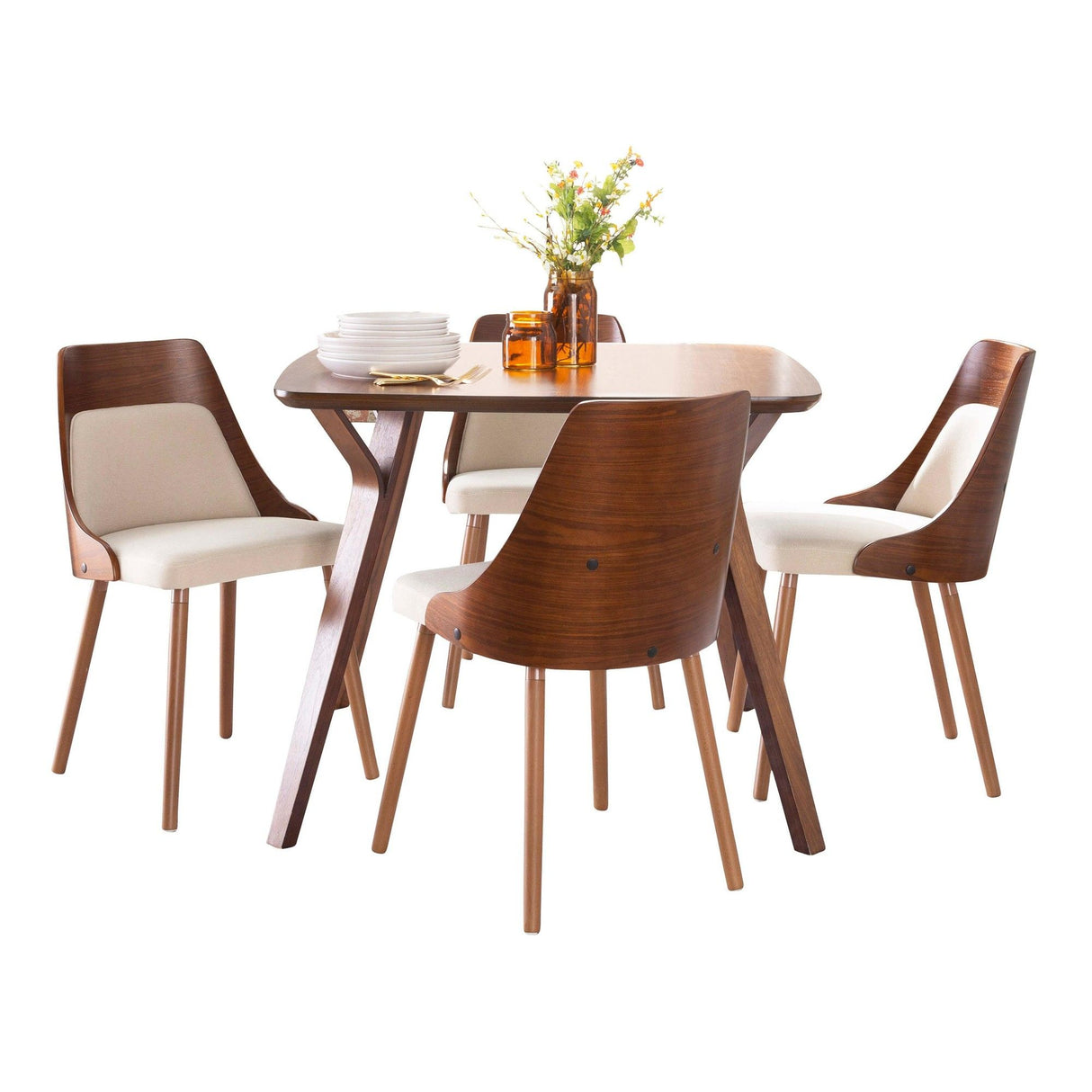 Folia - 5 Piece Anabelle Square Dining Set - Walnut Wood, Cream Fabric