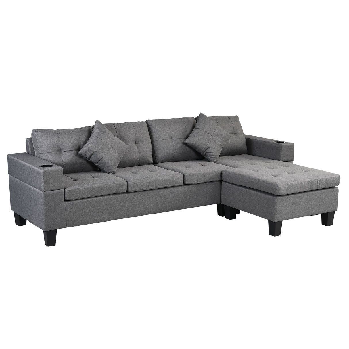 Modern Sectional Sofa Set With L Shape Chaise Lounge, Cup Holder, 4 Seat - Gray