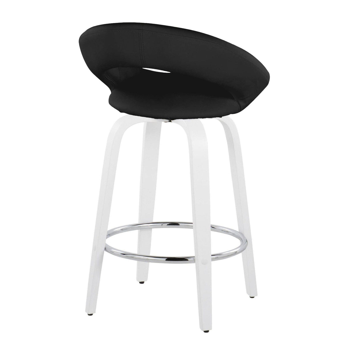 Posh - Contemporary Fixed-Height Swivel Counter Stool (Set of 2) - White Wood & Black Faux Leather & Round Chrome Footrest