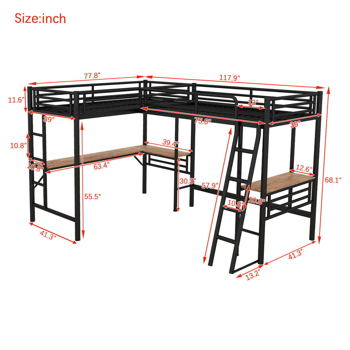 Twin Loft Bed With 2 Built In Desks, Mission Style - Black