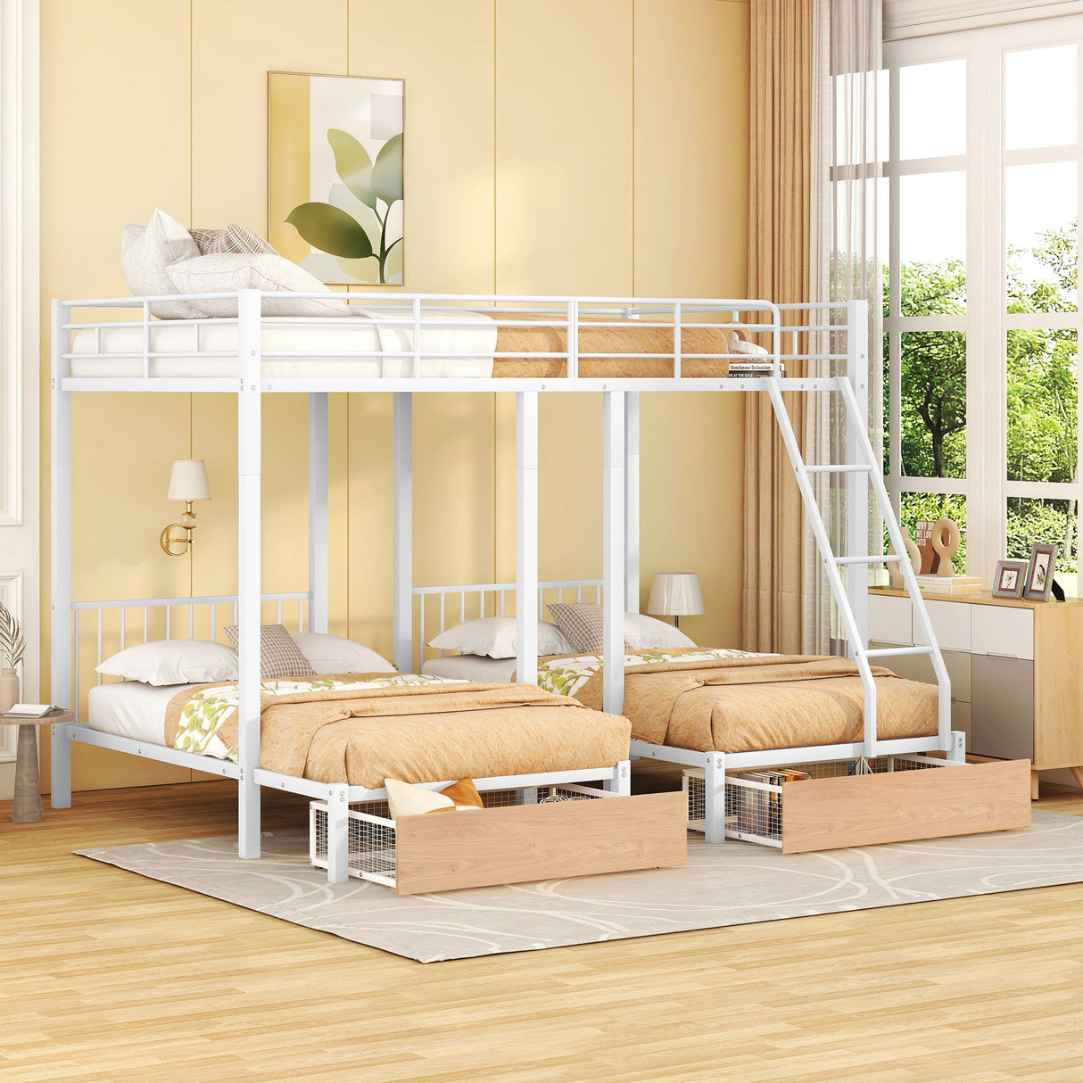 Triple Bunk Bed With Drawers And Guardrails