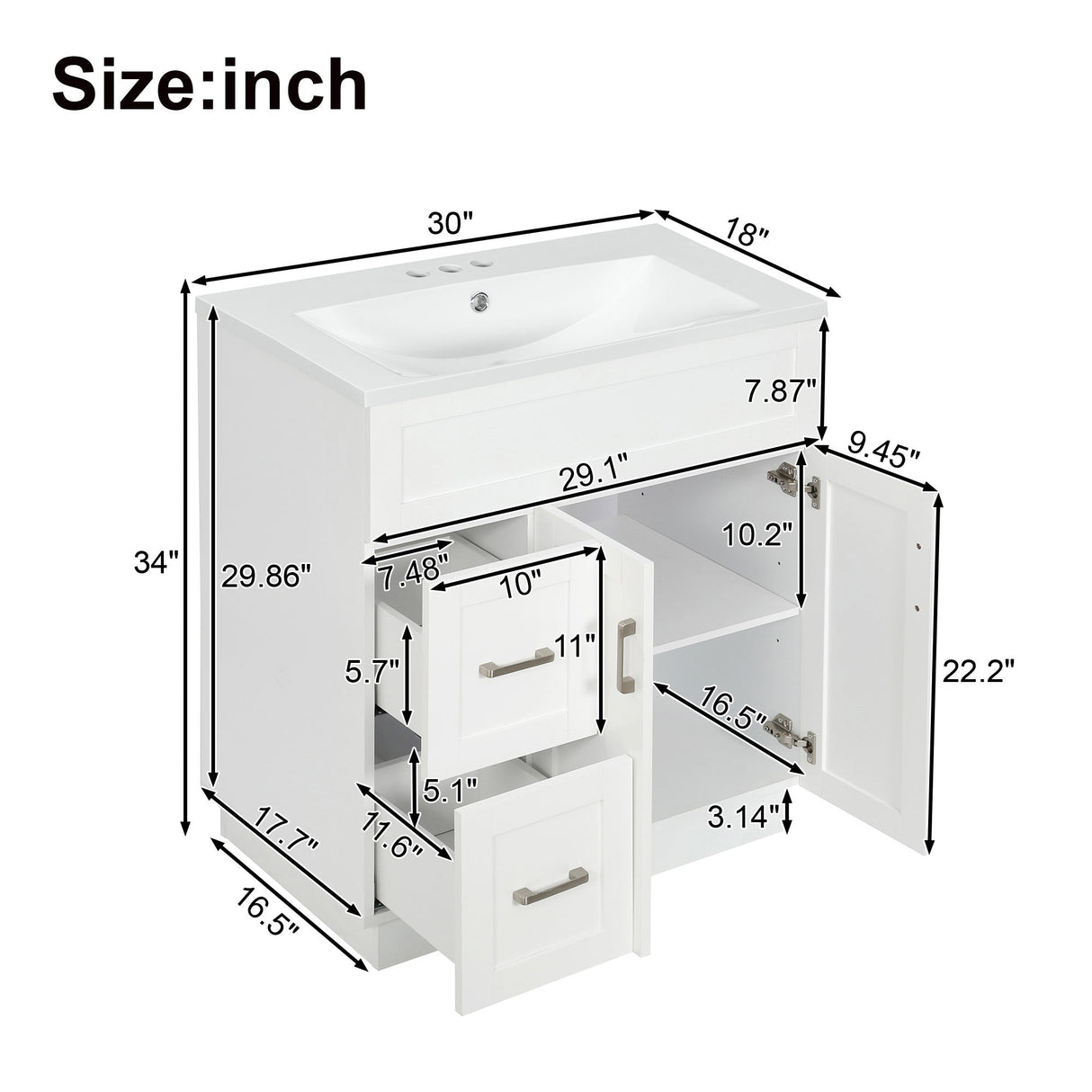 Bathroom Vanity With 2 Doors, 2 Drawers, Adjustable Shelf, Hidden Slides & Soft Close Hinges