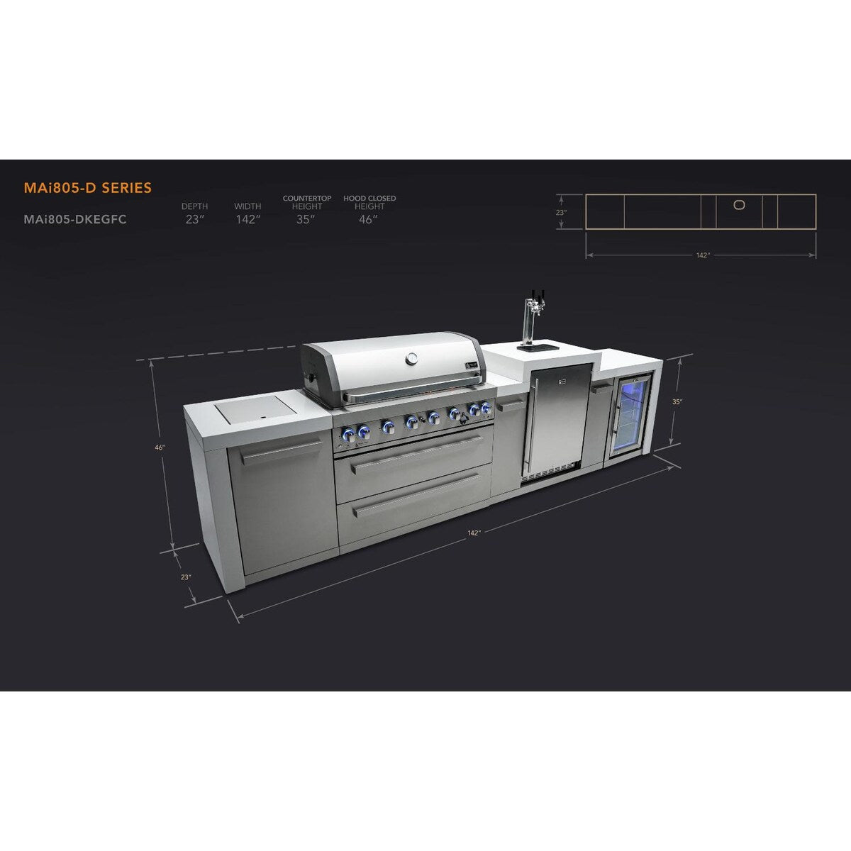 Mont Alpi Deluxe Series 12 Ft Propane Outdoor Kitchen Island w/ Side Burner, Fridge, & Kegerator - MAi805-DKEGFC