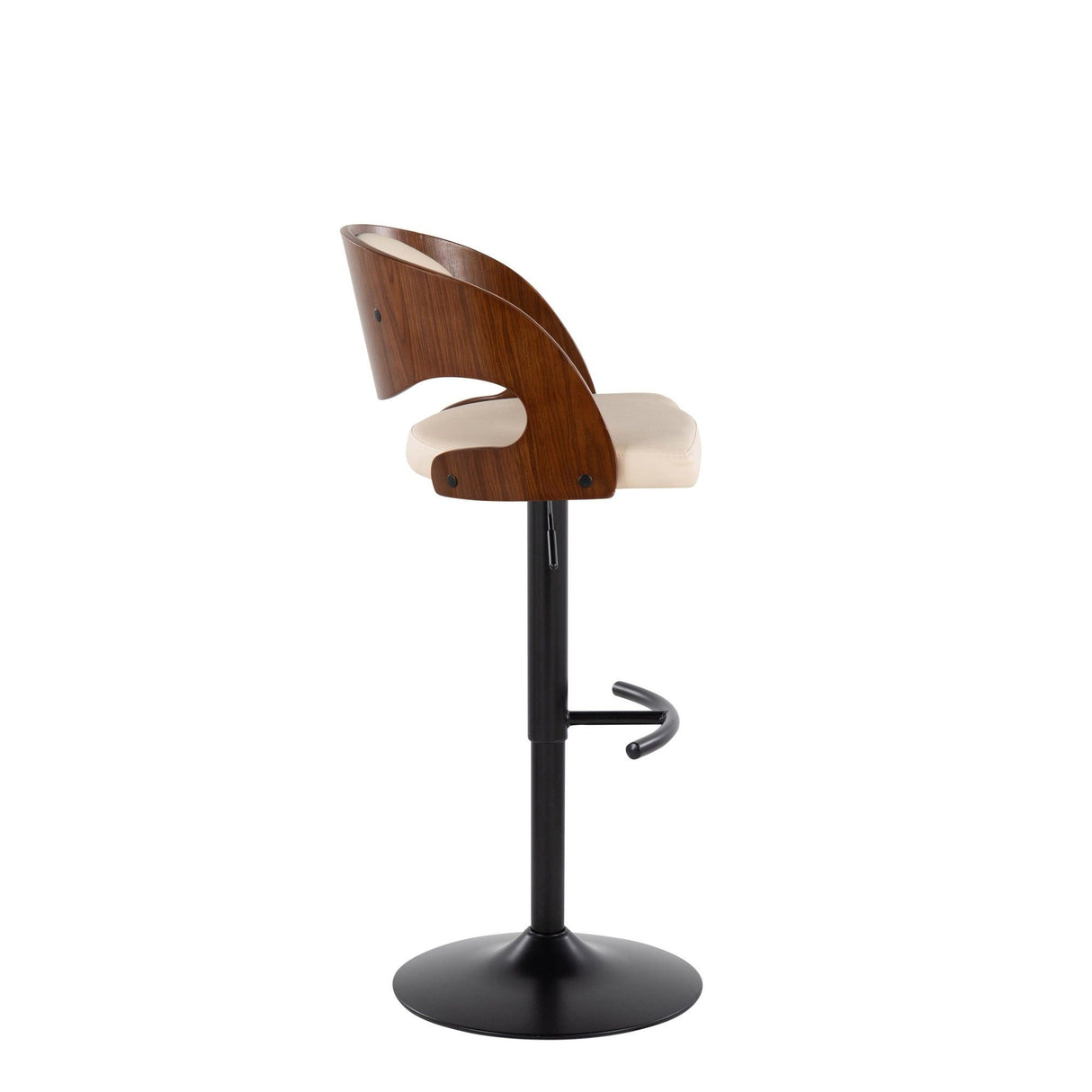 Pino - Mid-Century Modern Adjustable Swivel Barstool (Set of 2) - Black Metal, Walnut Wood And Cream Faux Leather With Round T Footrest