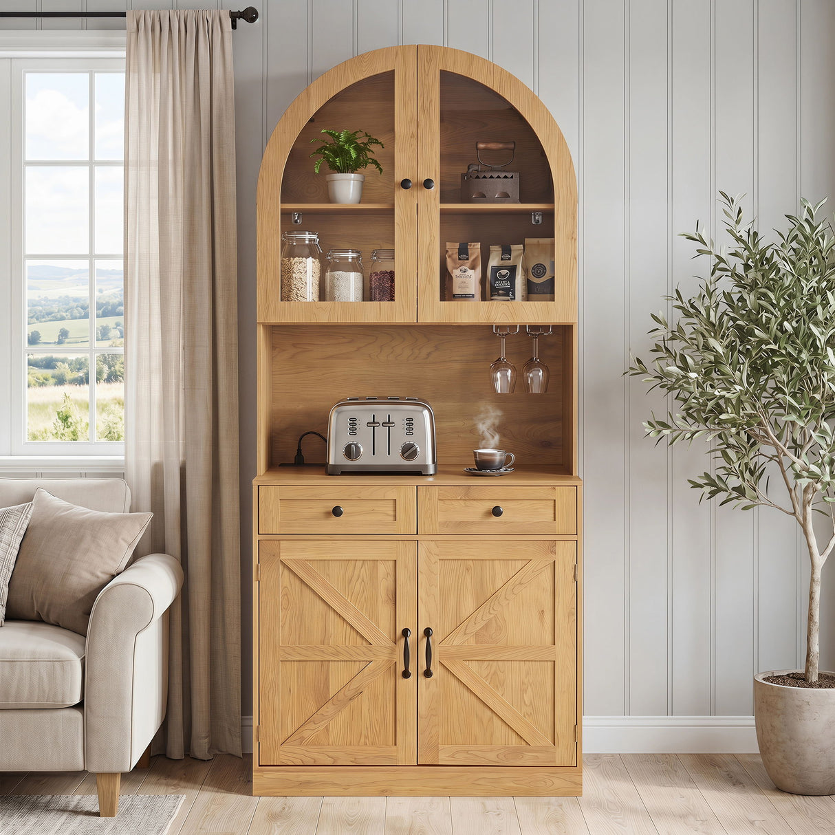 Tall Arched Pantry Cabinet With Charging Station, Adjustable Shelves, Coffee Bar