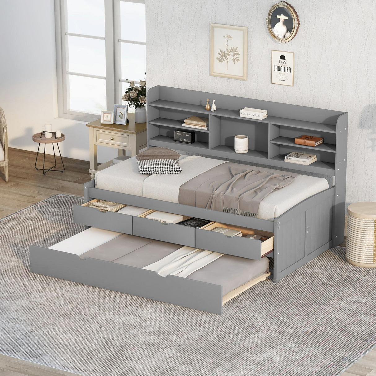 Captain Bed With Built In Bookshelves, 3 Storage Drawers, And Trundle