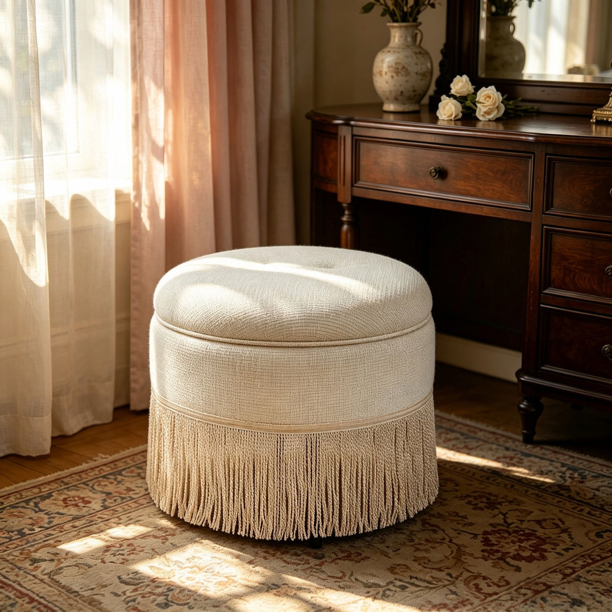Round Storage Ottoman With Tassel, Decorative Accent Pouf For Living Room