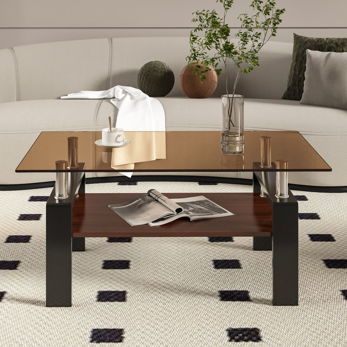 Modern Rectangular Coffee Table With Tempered Glass Top