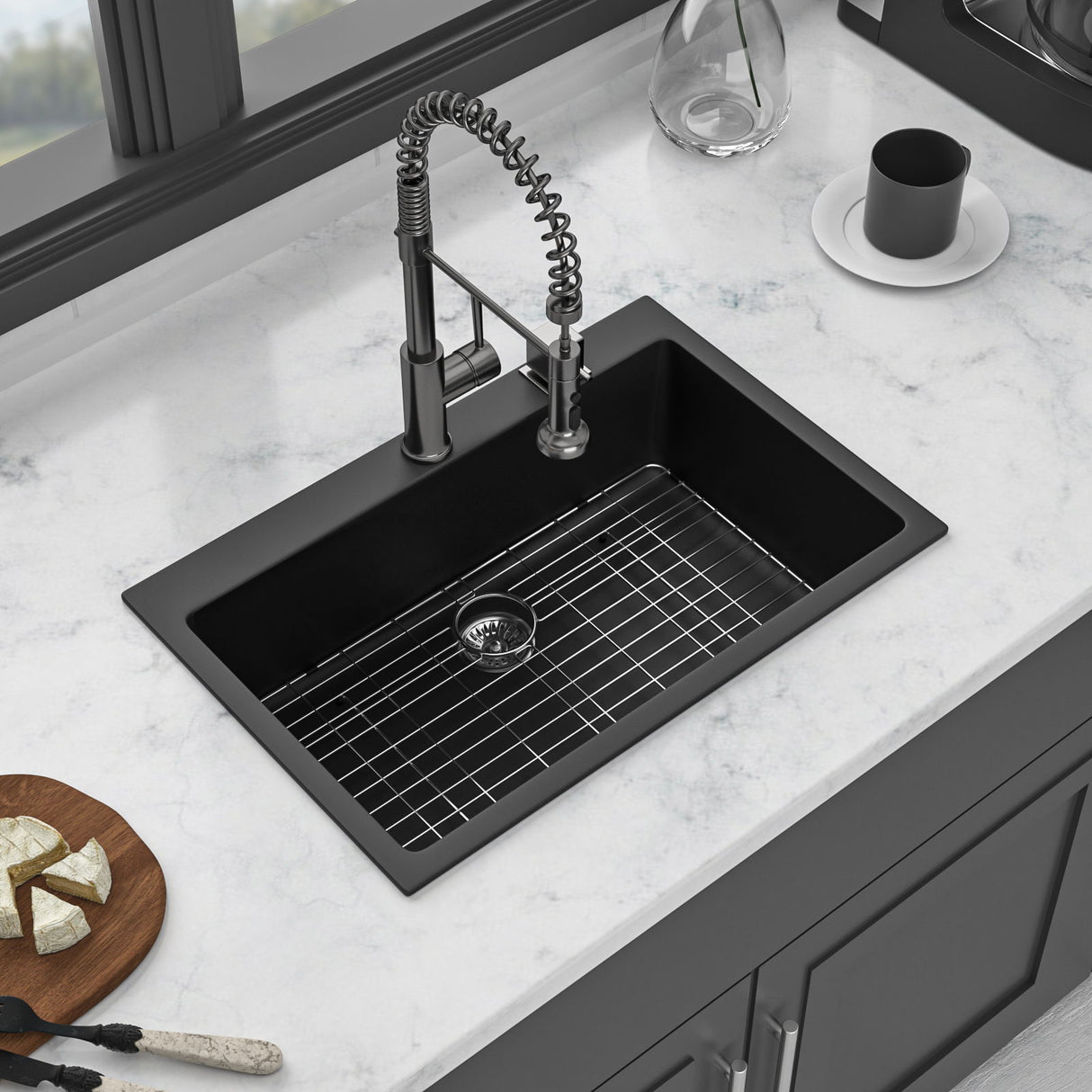 Kitchen Sink Granite Composite Drop In Sink With Durable Material - Black