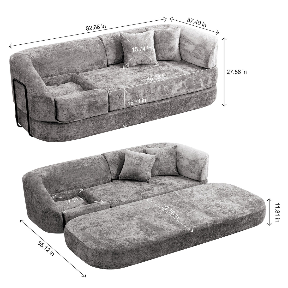 3 Seater Sofa With Built In Pet Bed Nook, Curved Design And 2 Throw Pillows