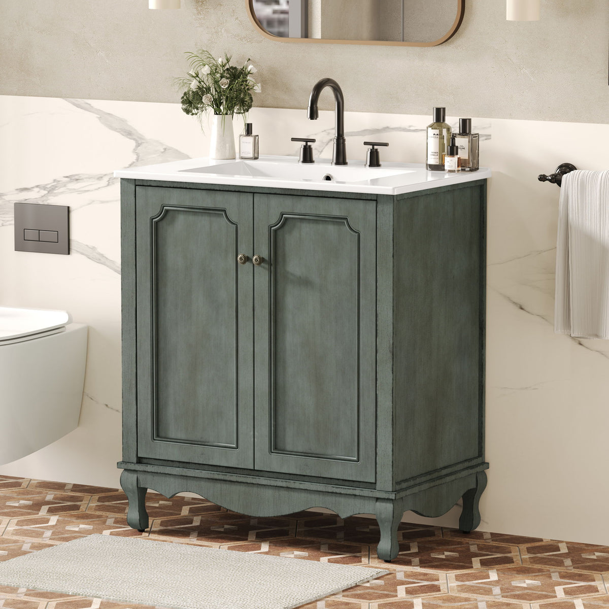Vintage Bathroom Vanity With Ceramic Sink, Adjustable Shelves