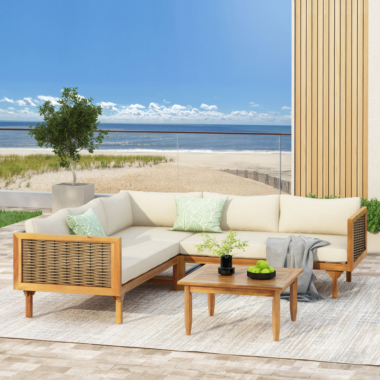 Premium Outdoor Sofa Set With Waterproof Cushions Sectional Seating Group With Acacia Wood And Wicker - Brown Mix / Beige