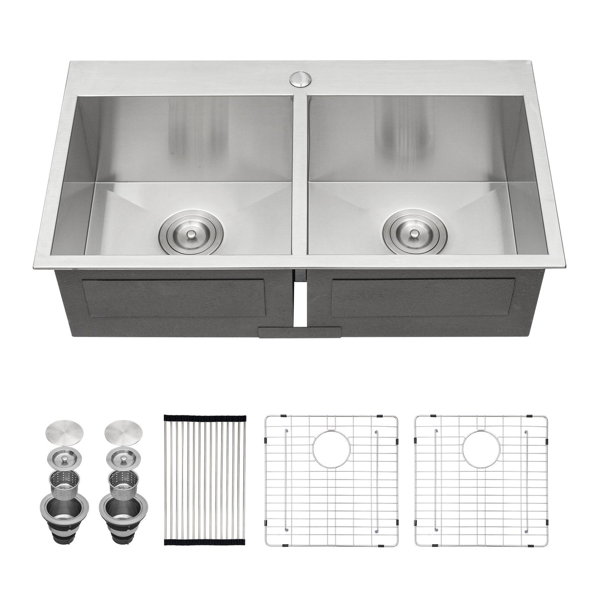 Double Bowl Drop In Sink, Stainless Steel With 50 / 50 Basins 18 Gauge - Brushed Nickel