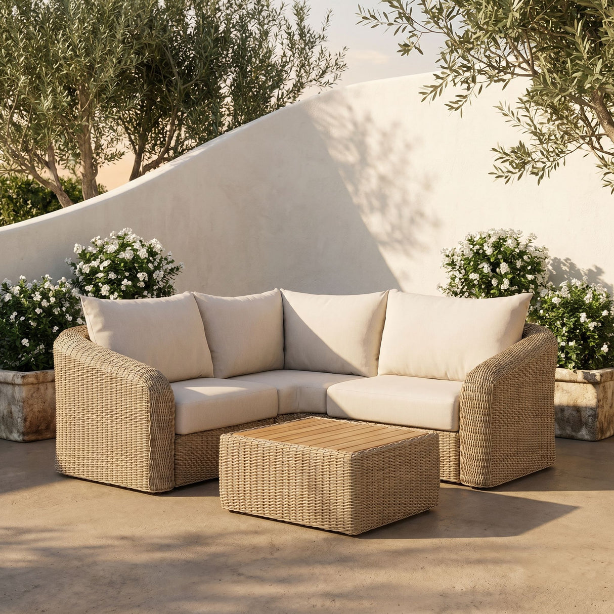 Seacrest - Olefin Water Resistant Fabric And Wicker 3 Piece Outdoor Patio Modular Sectional